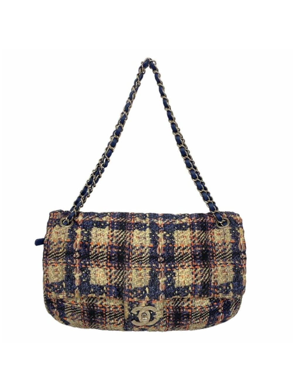 Chanel Shoulder Bag Nylon Navy Beige Pink Silver